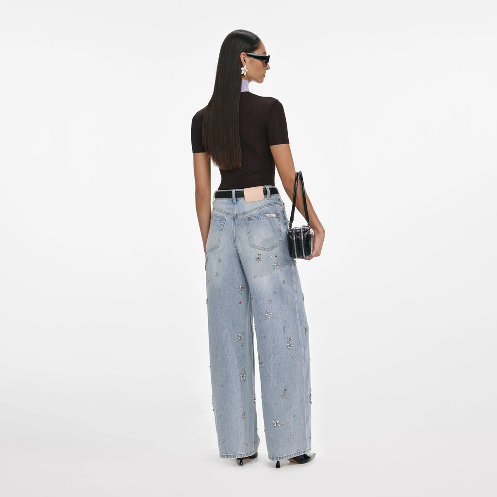 Light Blue Embellished Wide Leg Jeans