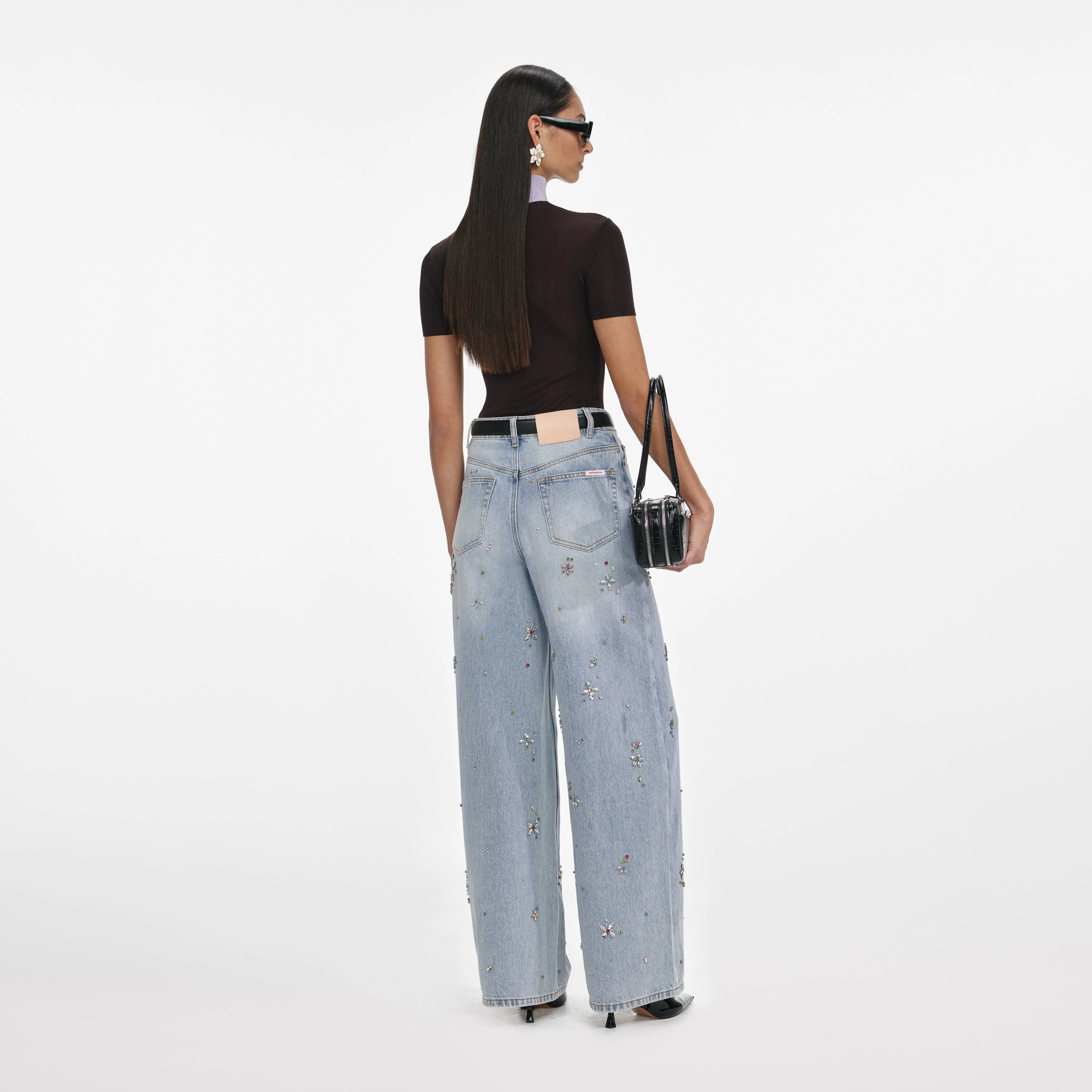 Light Blue Embellished Wide Leg Jeans