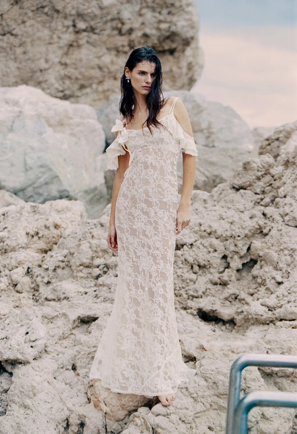 Cream Lace Flower Maxi Dress