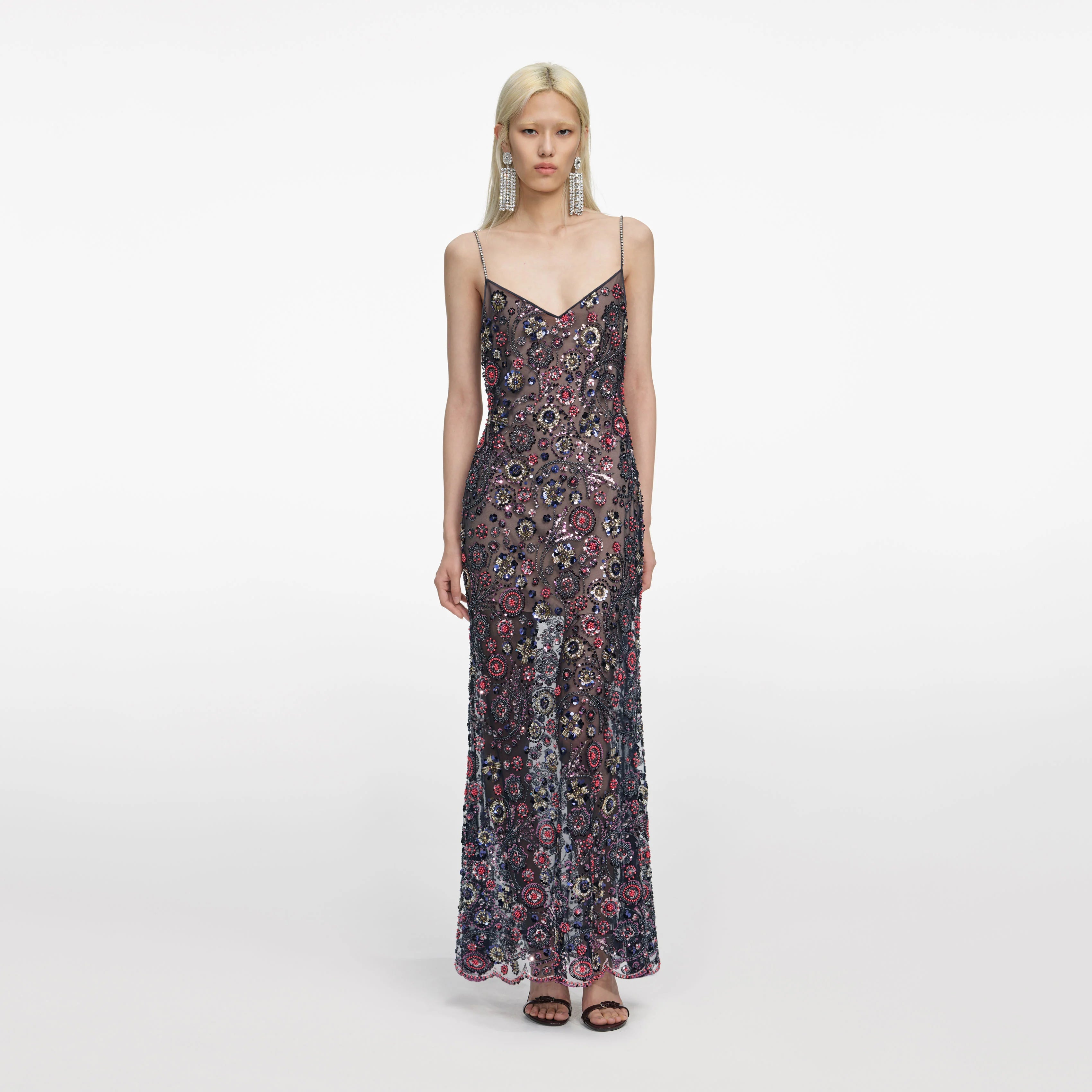 Navy Floral Sequin Maxi Dress