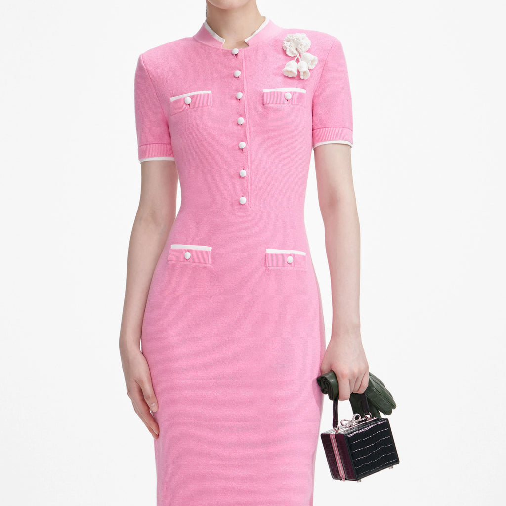 Pink Crochet Flower Knit Midi Dress