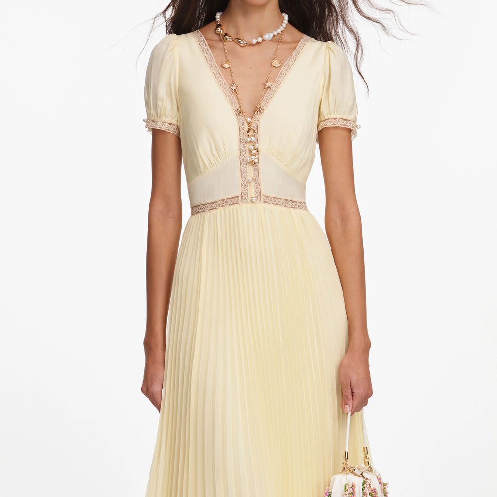 Yellow Viscose Pleated Lace Midi Dress