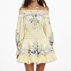 Yellow Floral Organza Ruffle Mini Dress