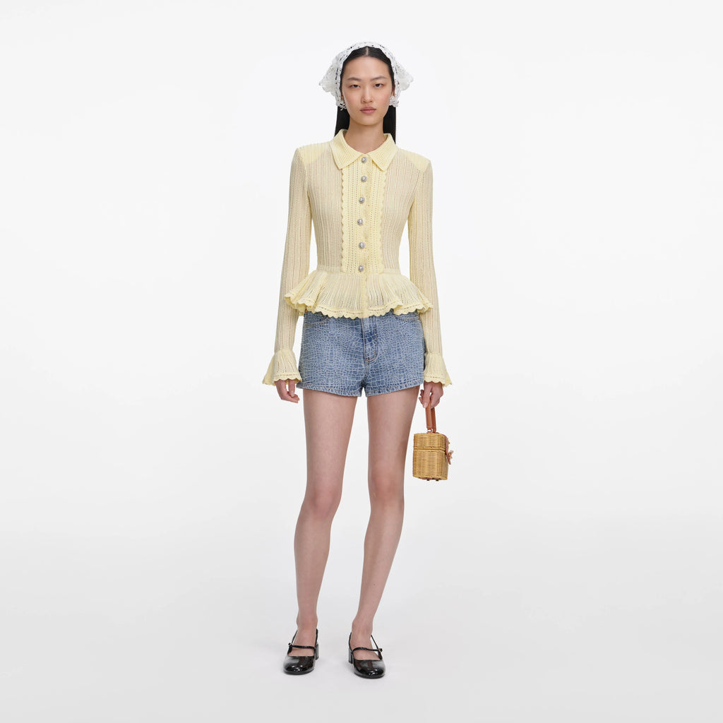 Rhinestone Croc Effect Denim Shorts