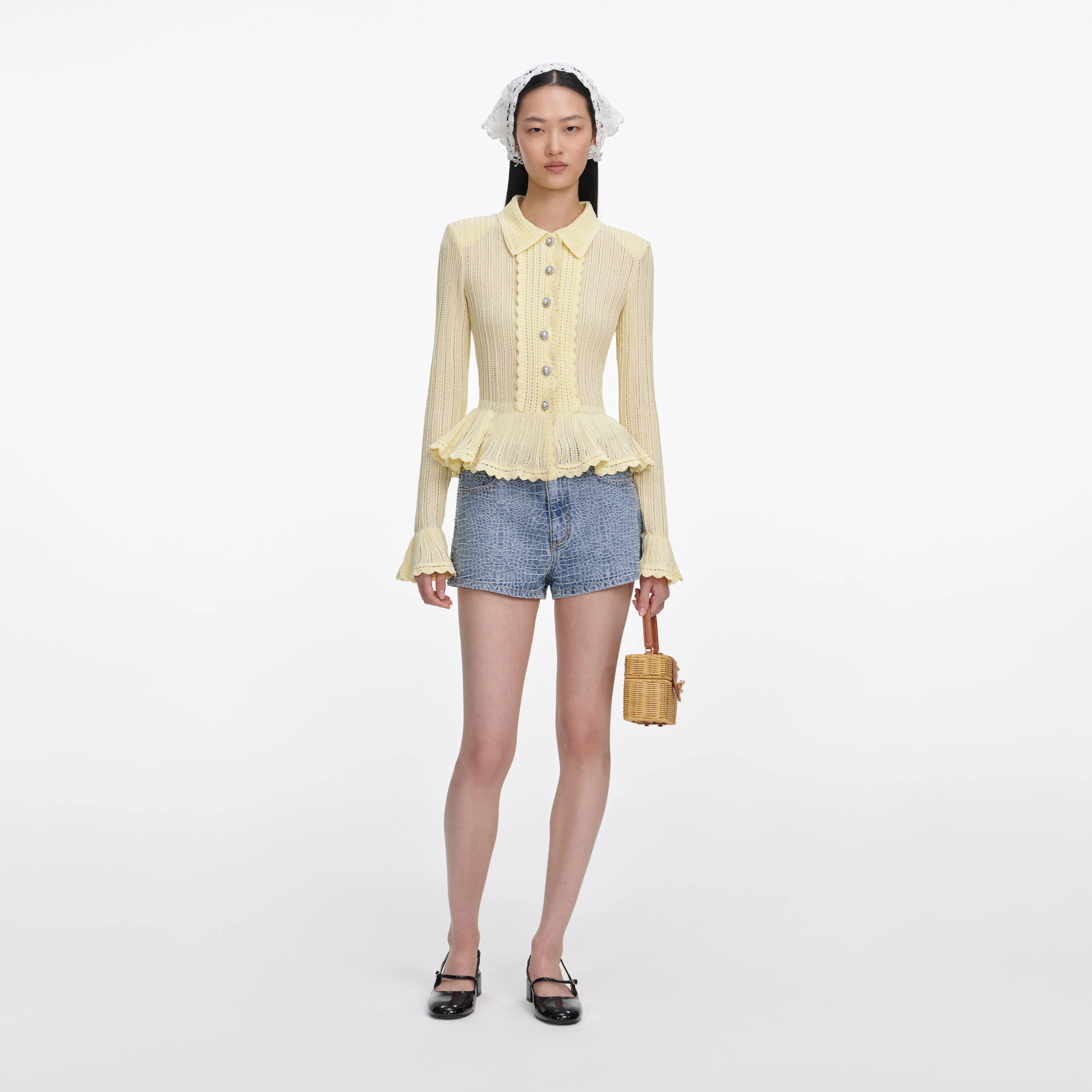 Rhinestone Croc Effect Denim Shorts