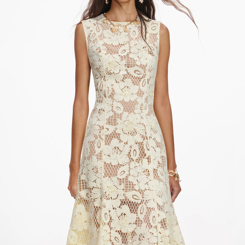 Yellow Crochet Lace Midi Dress