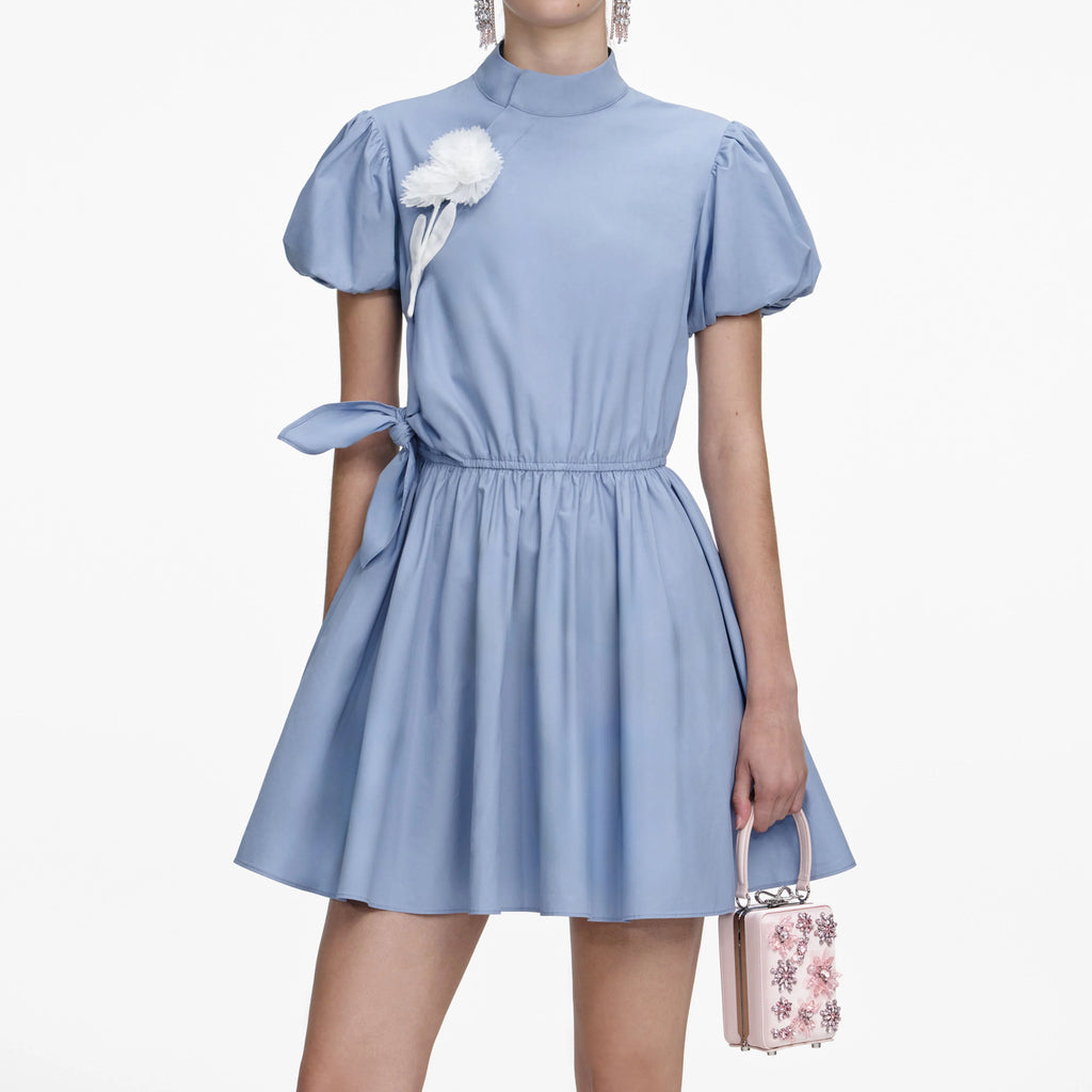 Blue Cotton Drape Mini Dress