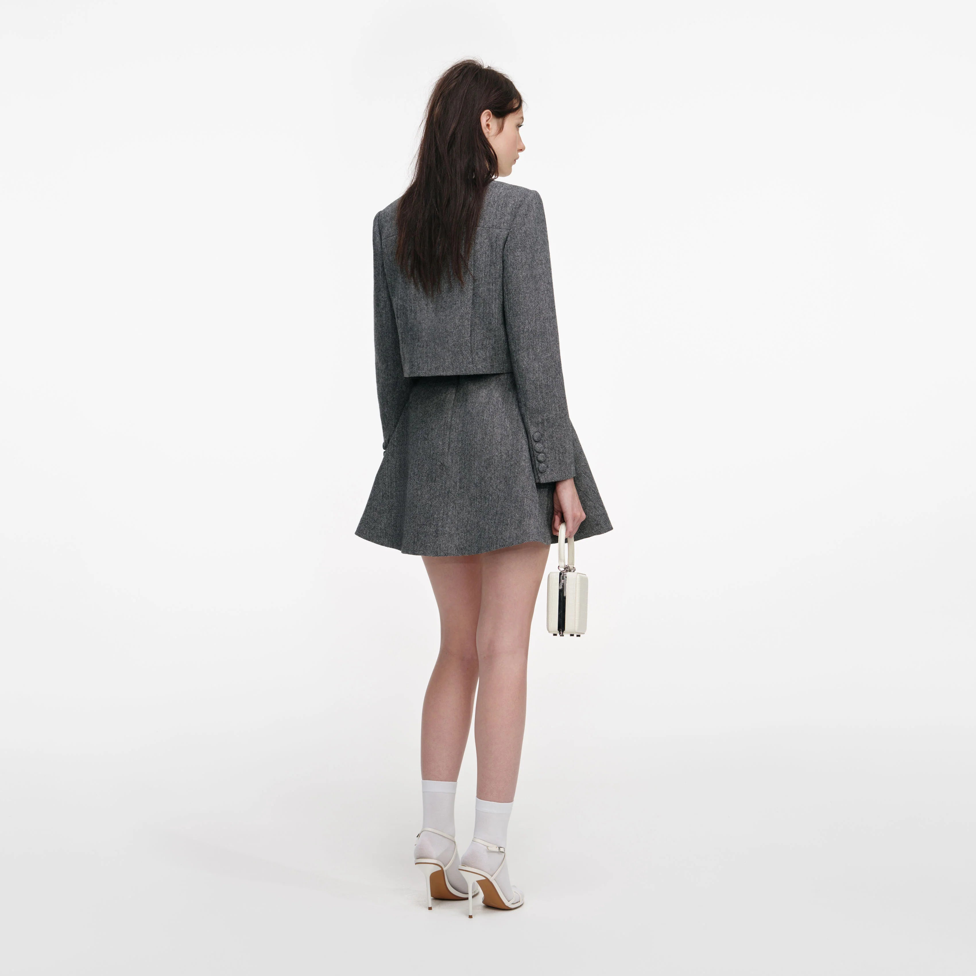 Grey Herringbone Scarf Detail Jacket