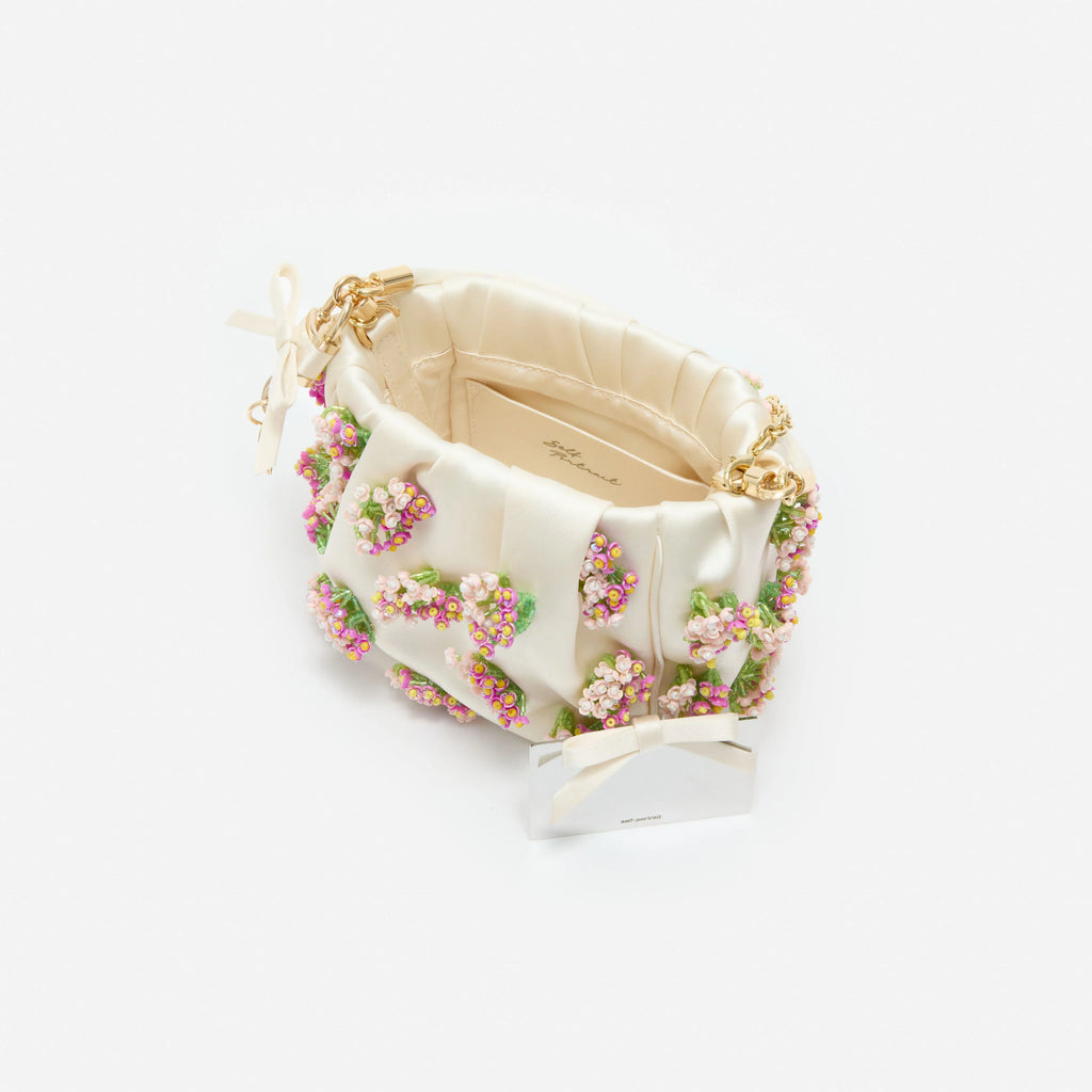 Cream Satin Floral Beaded Tote Bag