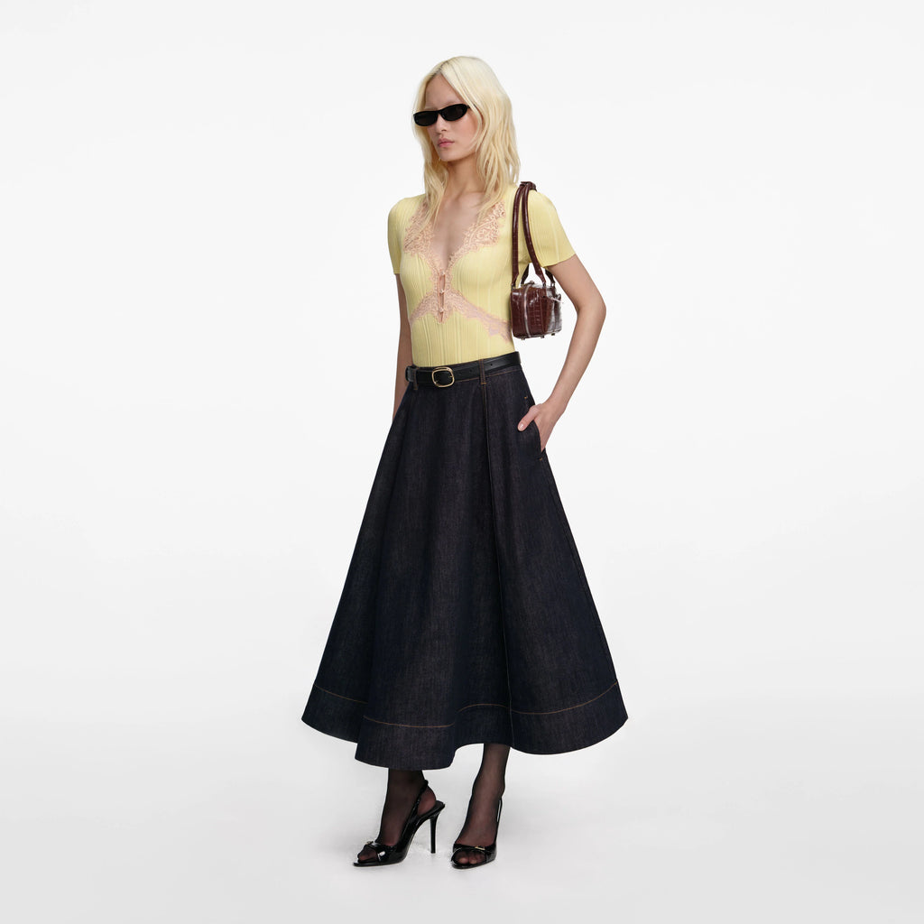 Indigo Denim Flared Midi Skirt