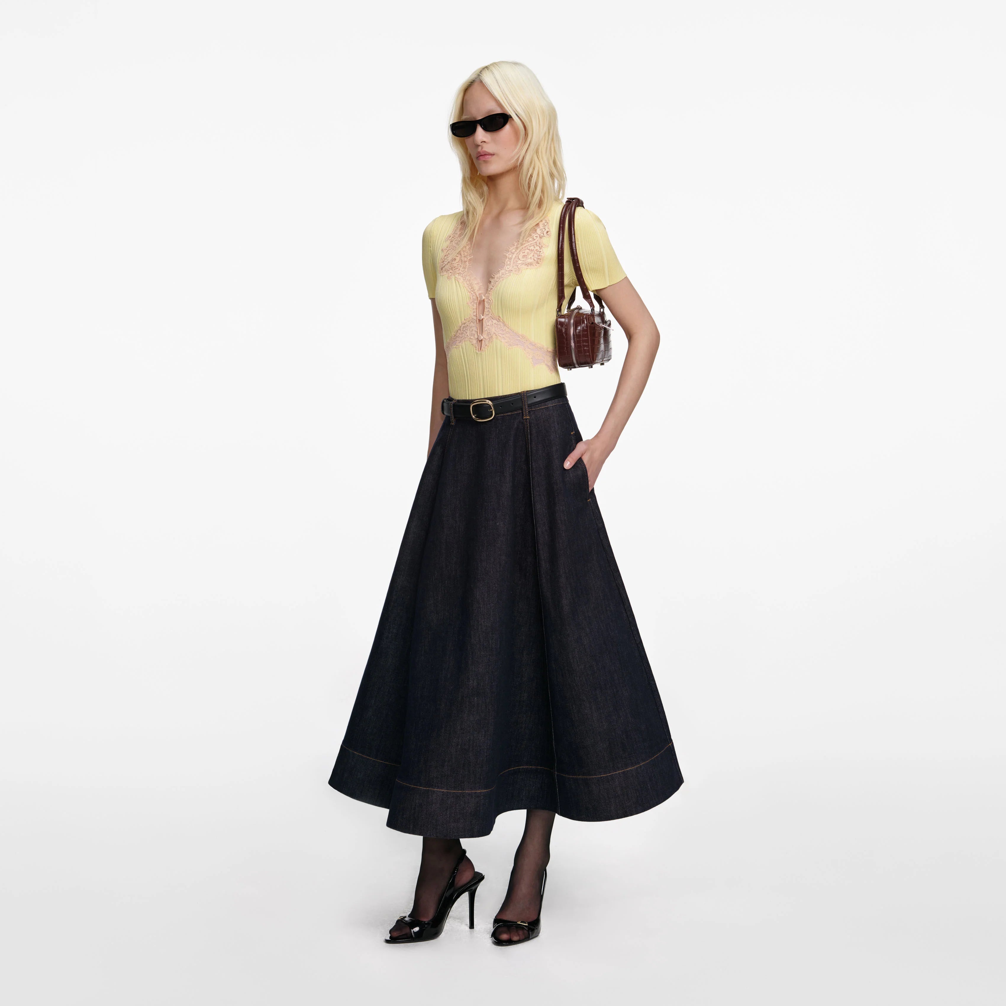Indigo Denim Flared Midi Skirt