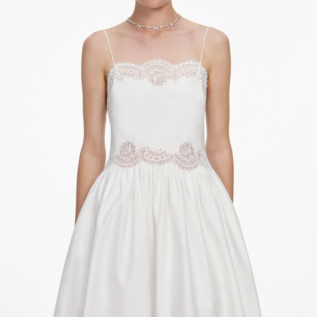 White Cotton Lace Trim Midi Dress