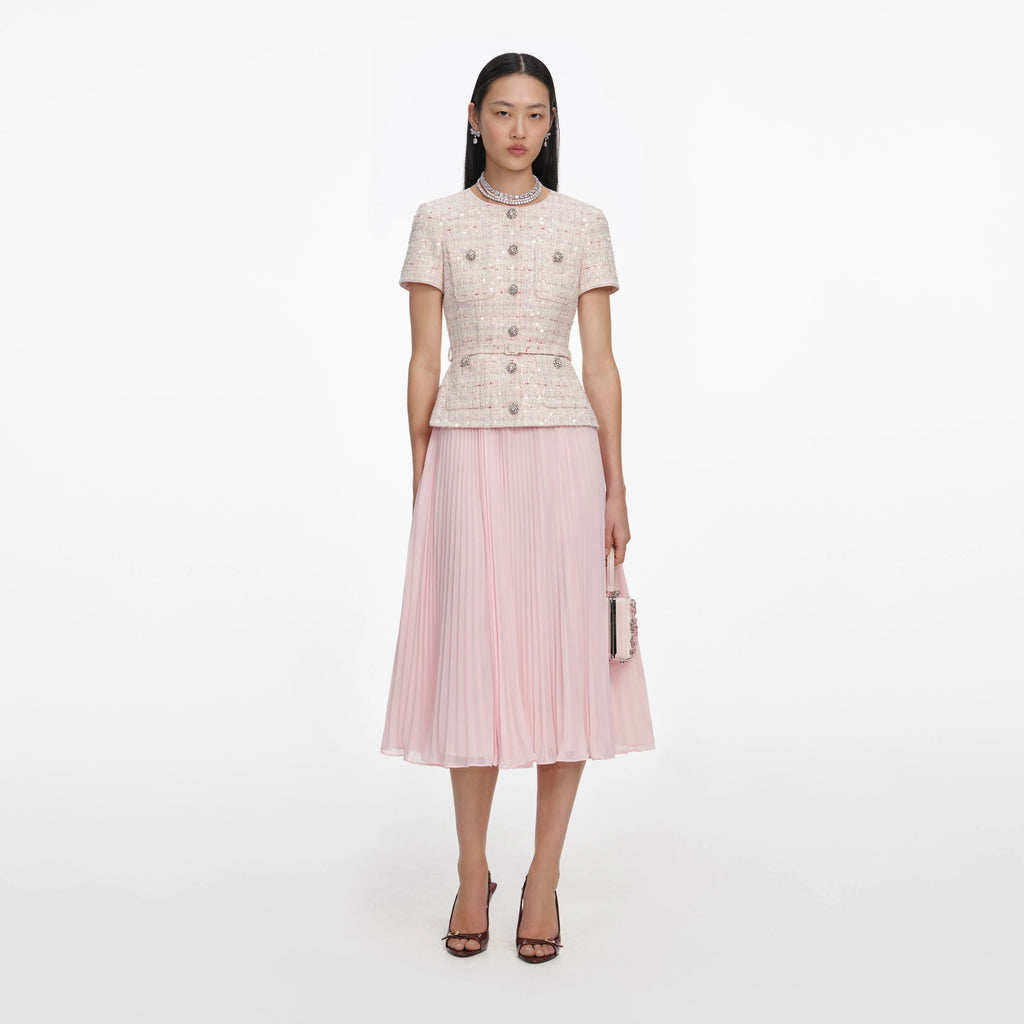 Pink Sequin Boucle Tailored Midi Dress
