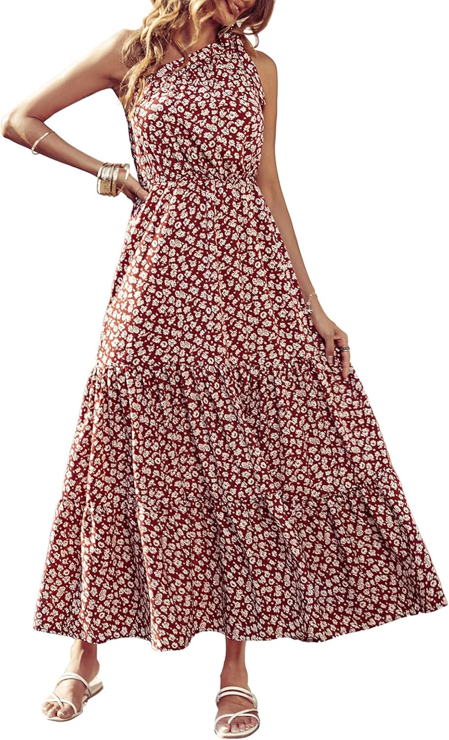 Women's Summer Floral One Shoulder Maxi Dress Knot Ruffle Boho Beach Vacation Wedding Guest Long Sun Dresses