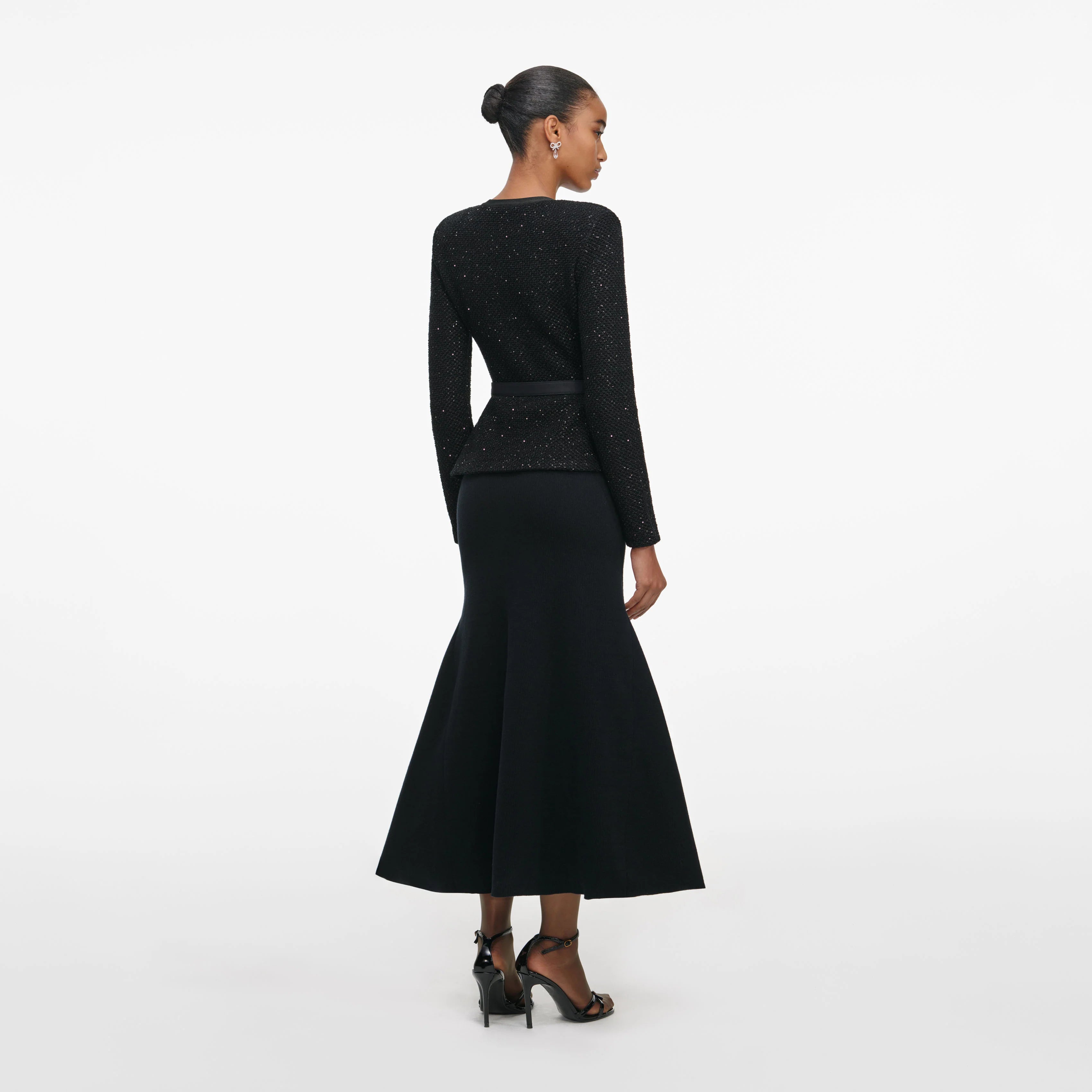 Black Sequin Knit Tailored Midi Dress