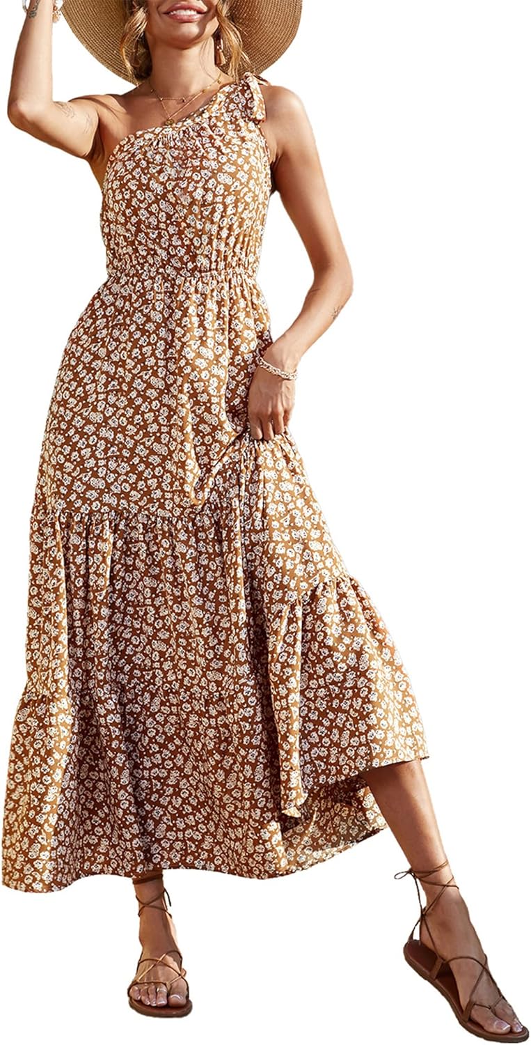 Women's Summer Floral One Shoulder Maxi Dress Knot Ruffle Boho Beach Vacation Wedding Guest Long Sun Dresses