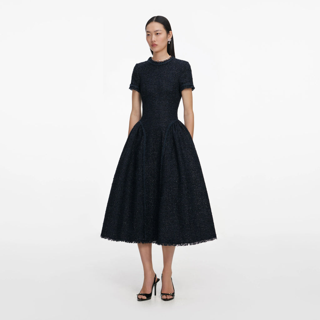 Navy Metallic Boucle Midi Dress