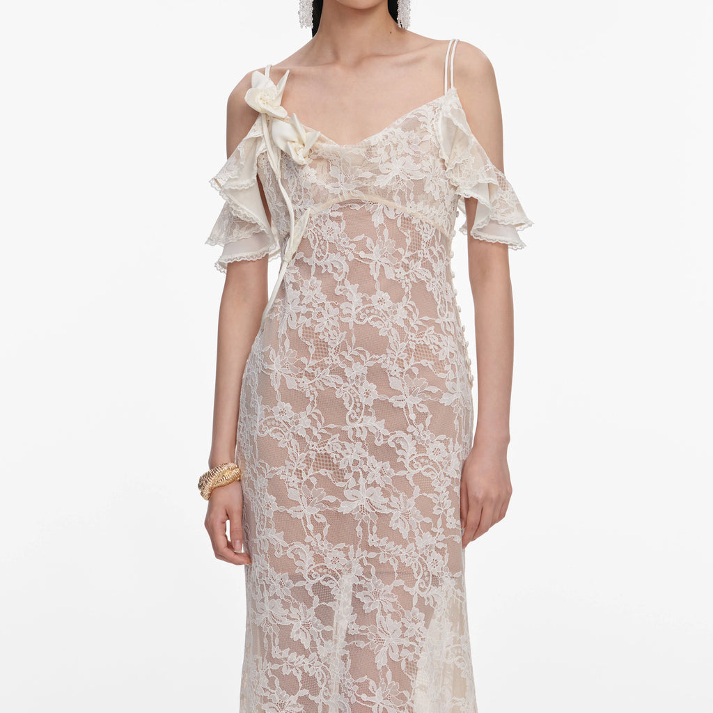 Cream Lace Flower Maxi Dress