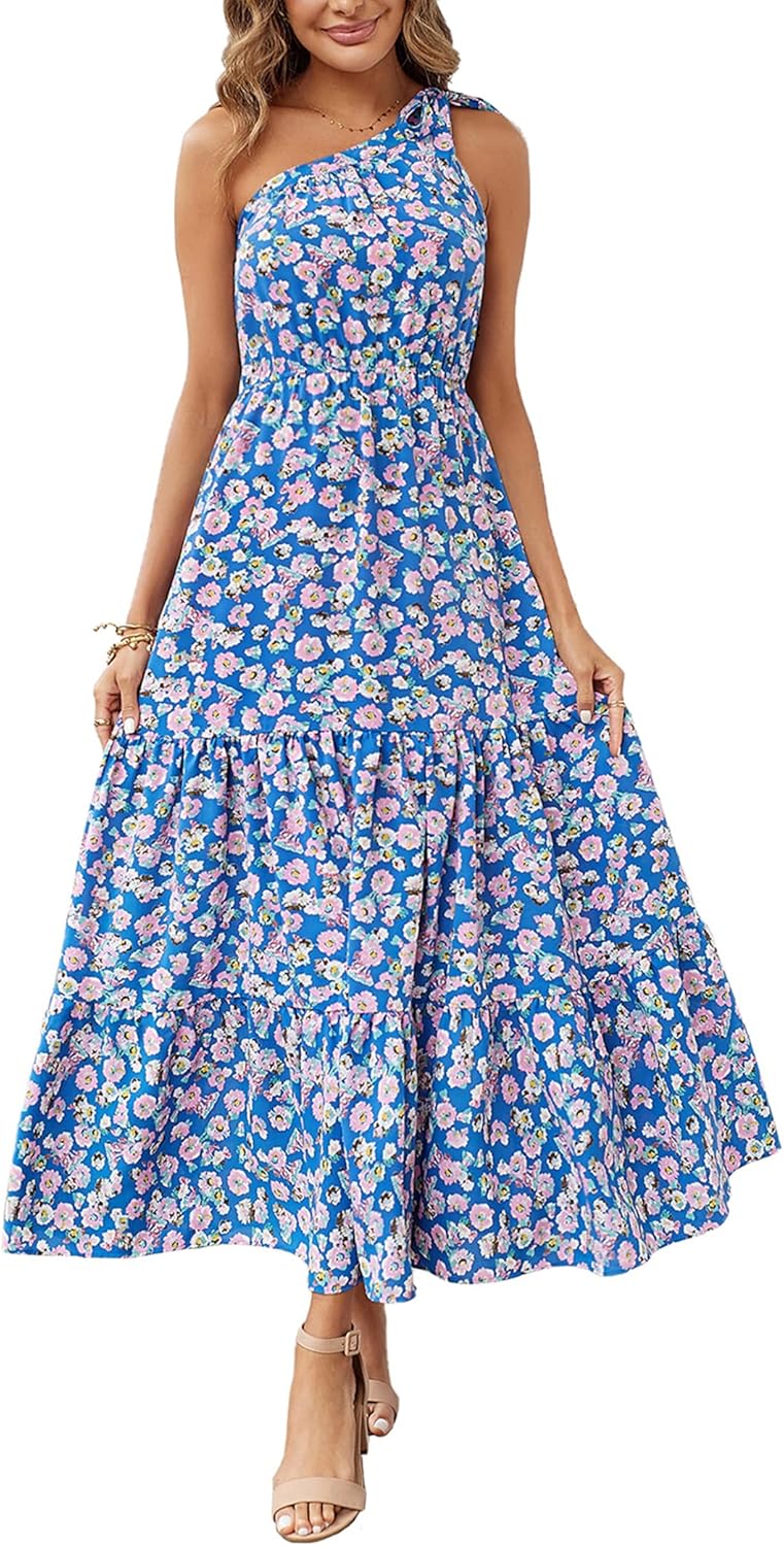 Women's Summer Floral One Shoulder Maxi Dress Knot Ruffle Boho Beach Vacation Wedding Guest Long Sun Dresses