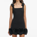 Black Crepe 3D Flower Mini Dress