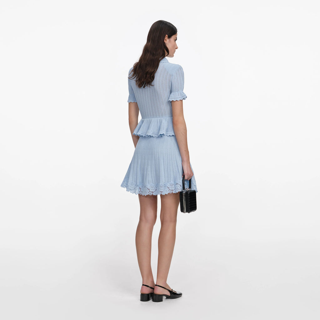 Blue Pointelle Peplum Knit Mini Dress