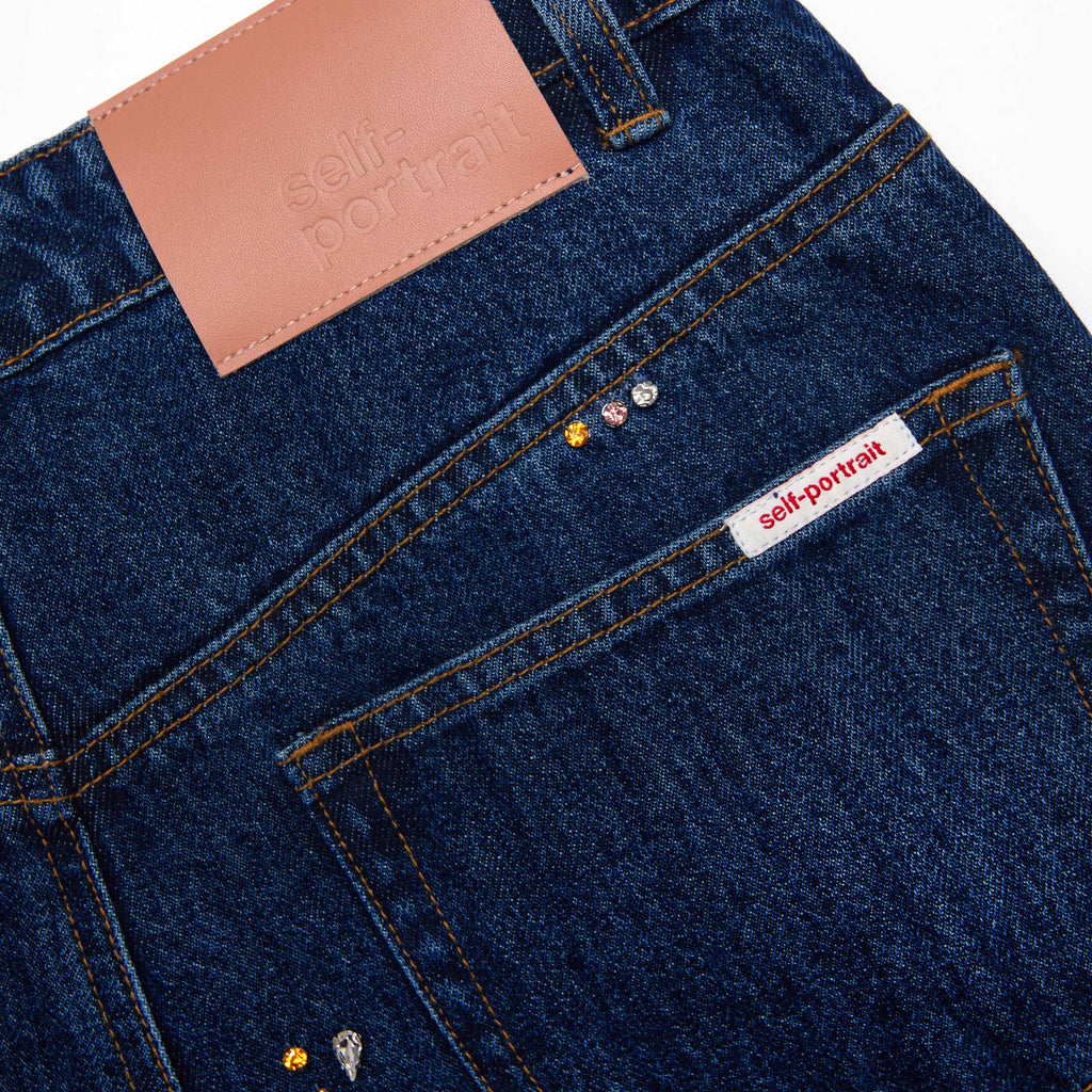 Blue Embellished Wide Leg Jeans