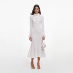 White Pointelle Knit Flare Midi Dress