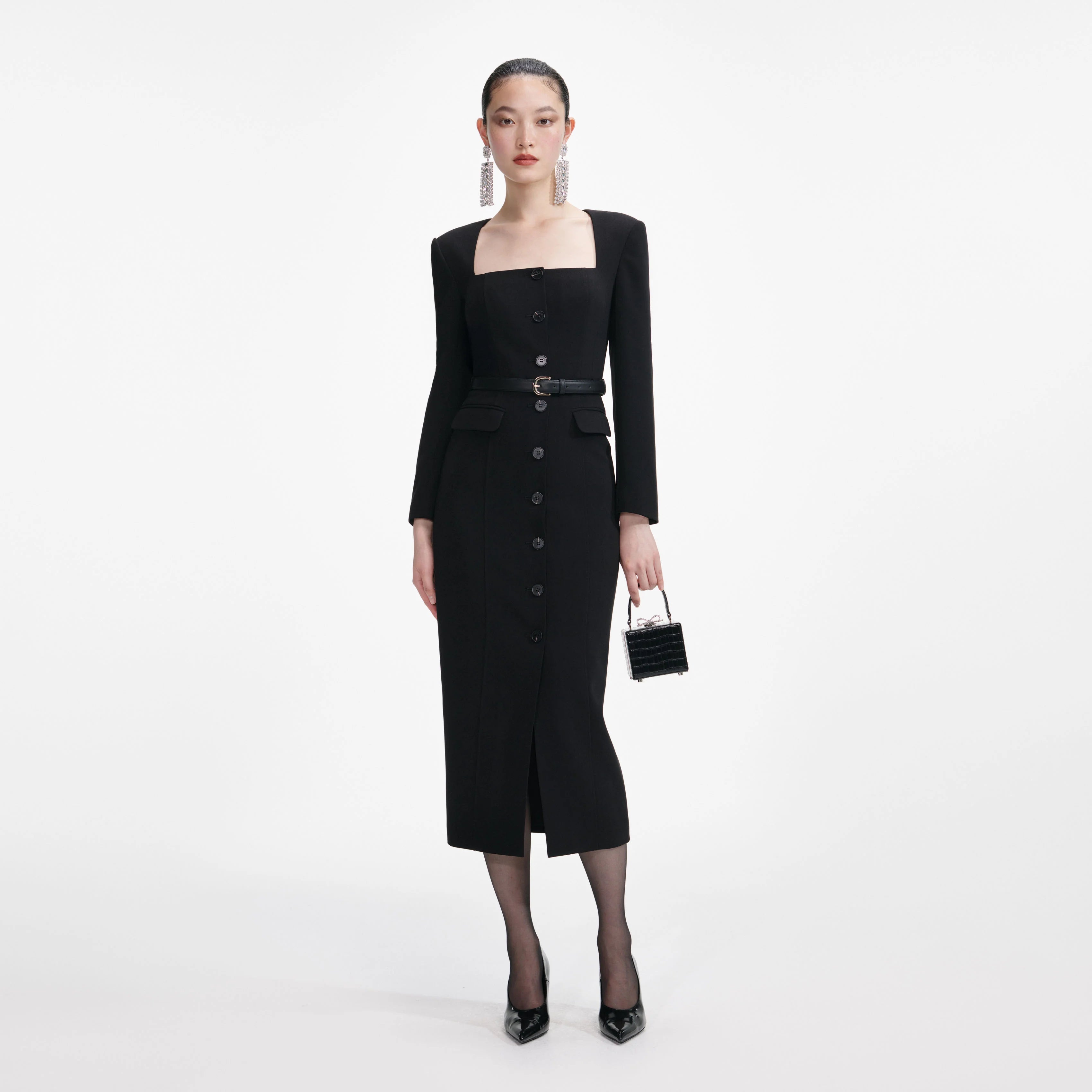 Black Tailored Crepe Midi Dress