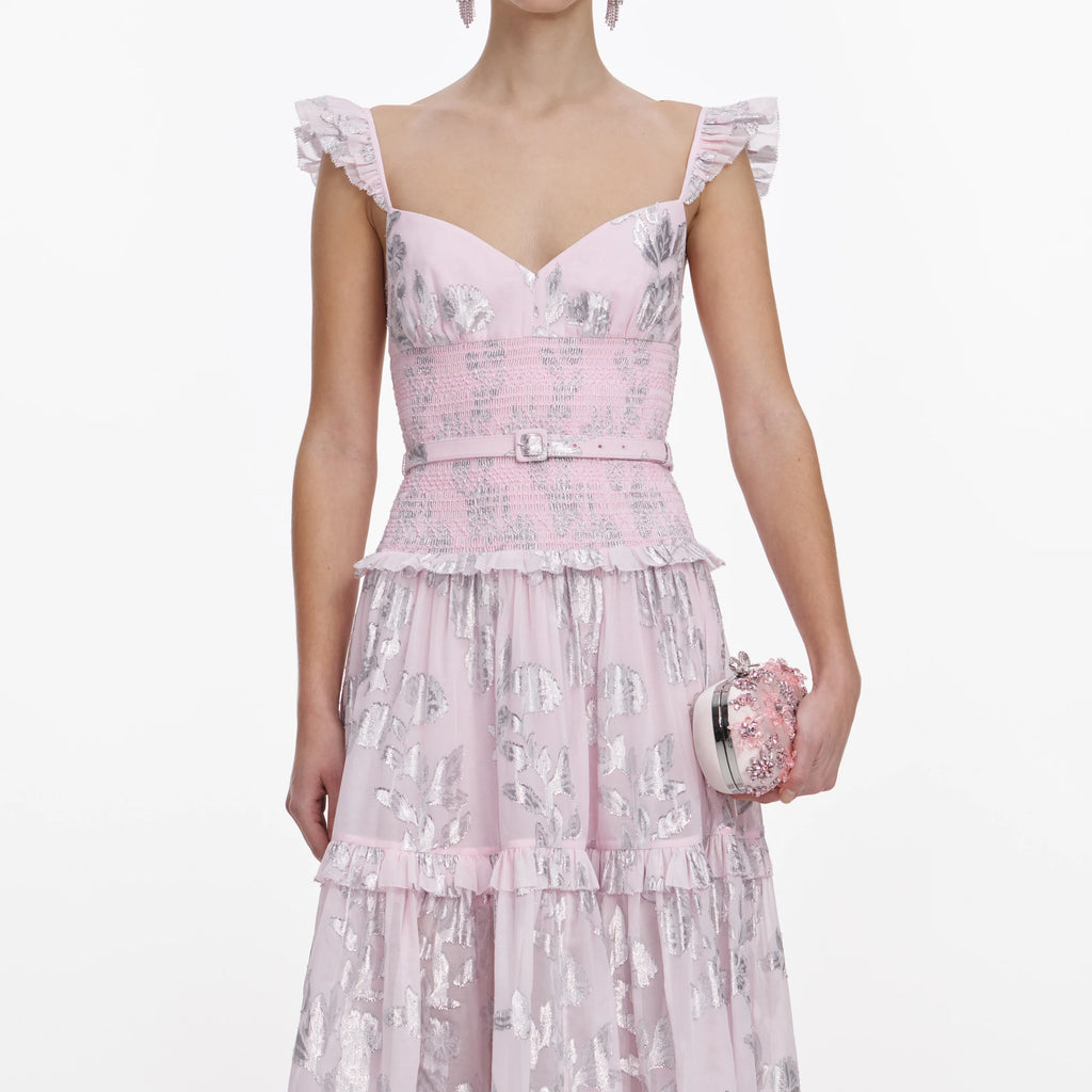 Pink Metallic Chiffon Flower Maxi Dress