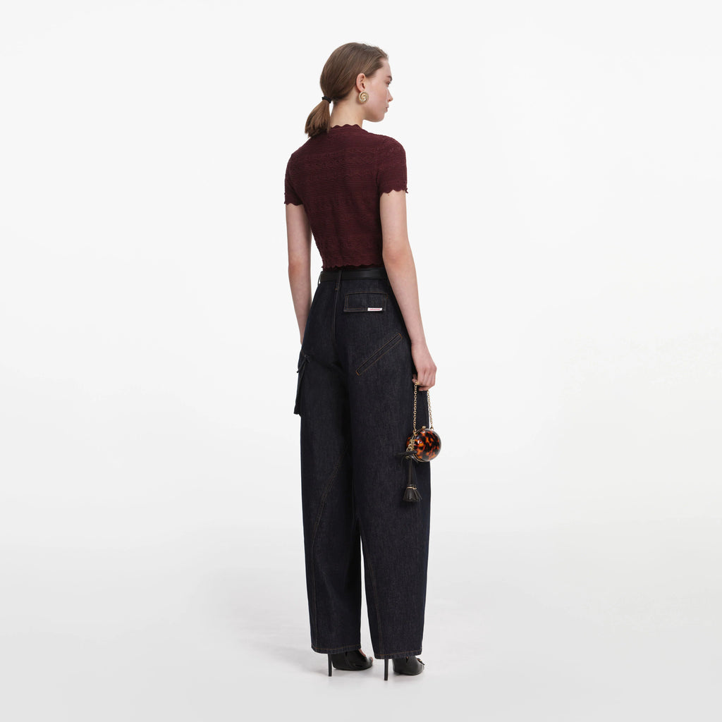 Brown Pointelle Knit Top