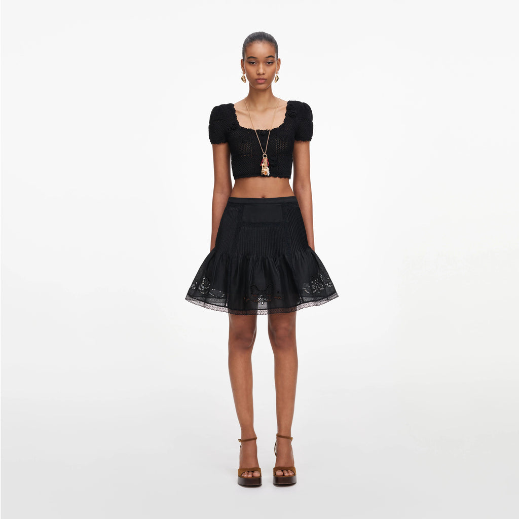 Black Embroidered Mini Skirt