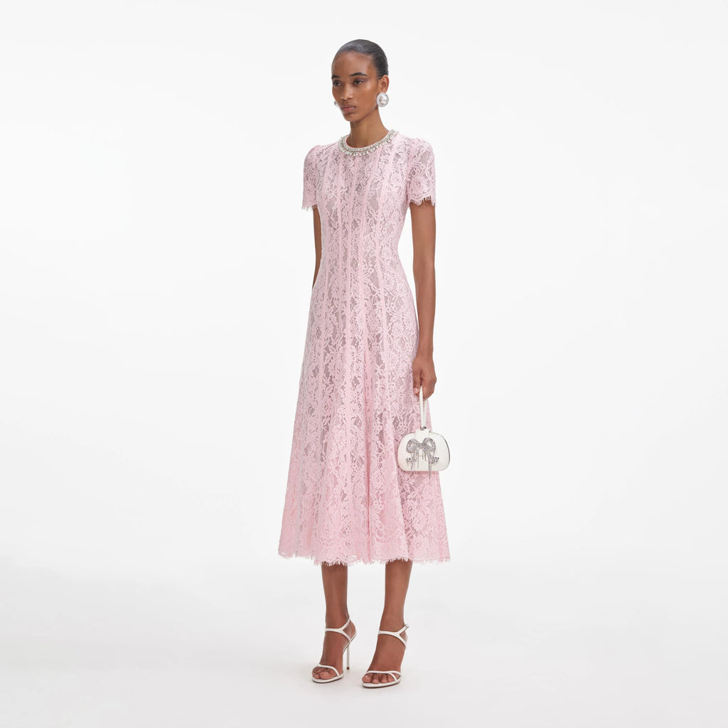 Pink Lace Embellished Midi Dress