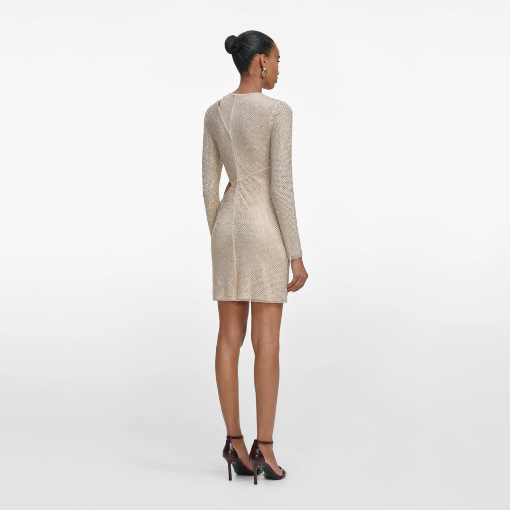 Champagne Rhinestone Lace Trim Mini Dress