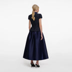 Navy Metallic Boucle Taffeta Midi Dress