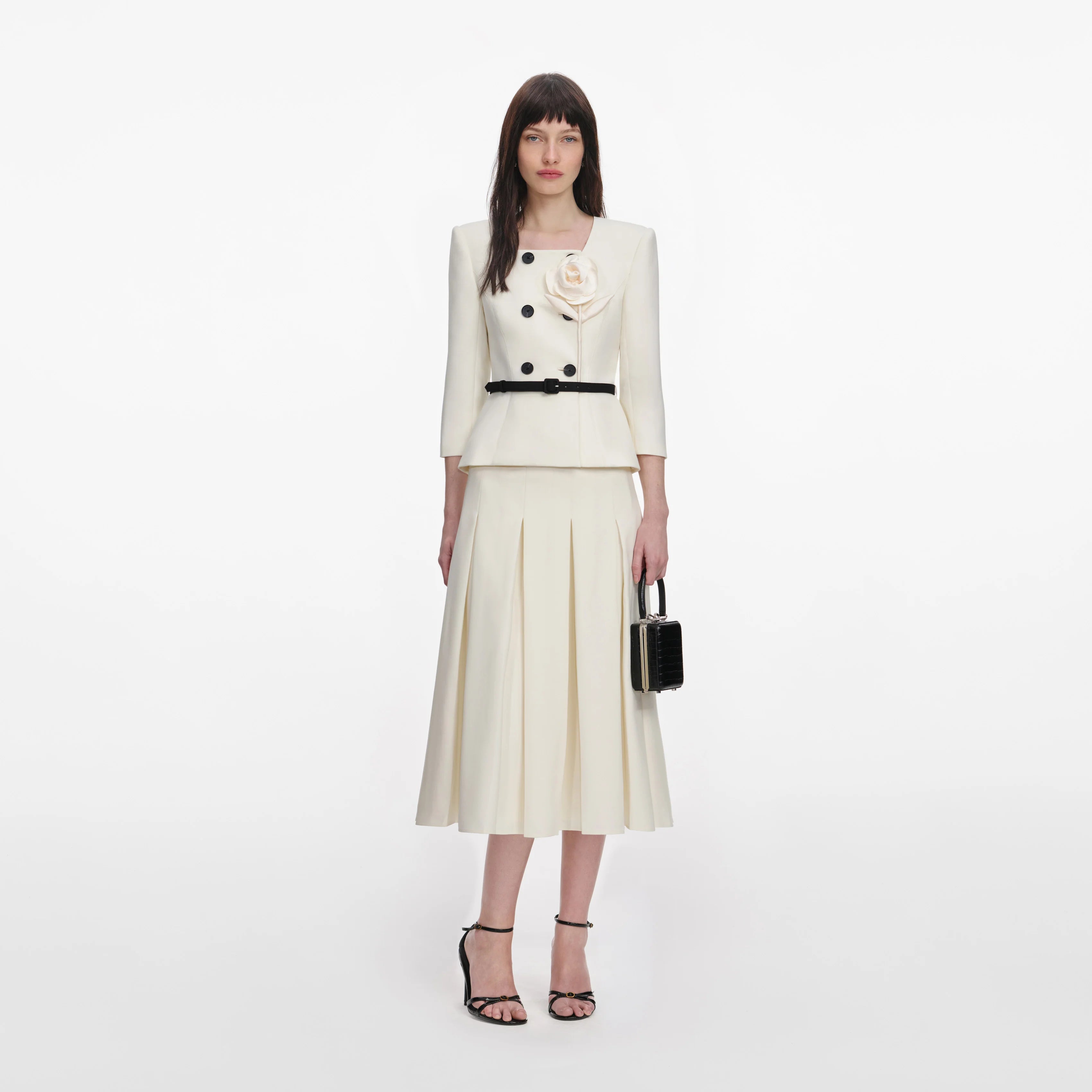 Cream 3D Flower Tailored Midi Dress