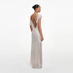 Champagne Rhinestone Ruffle Draped Maxi Dress