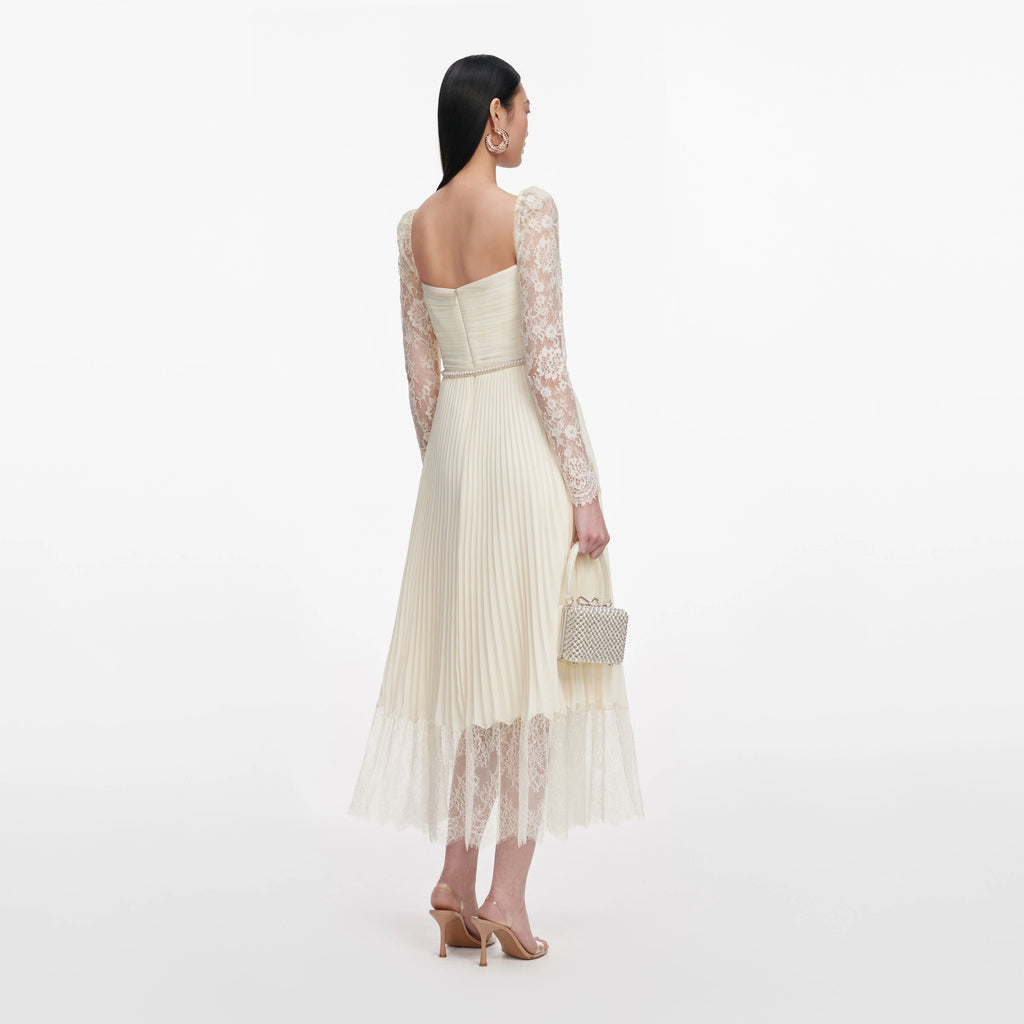 Cream Chiffon Lace Midi Dress