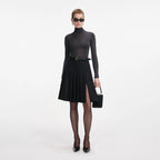 Black Pleated Twill Midi Skirt
