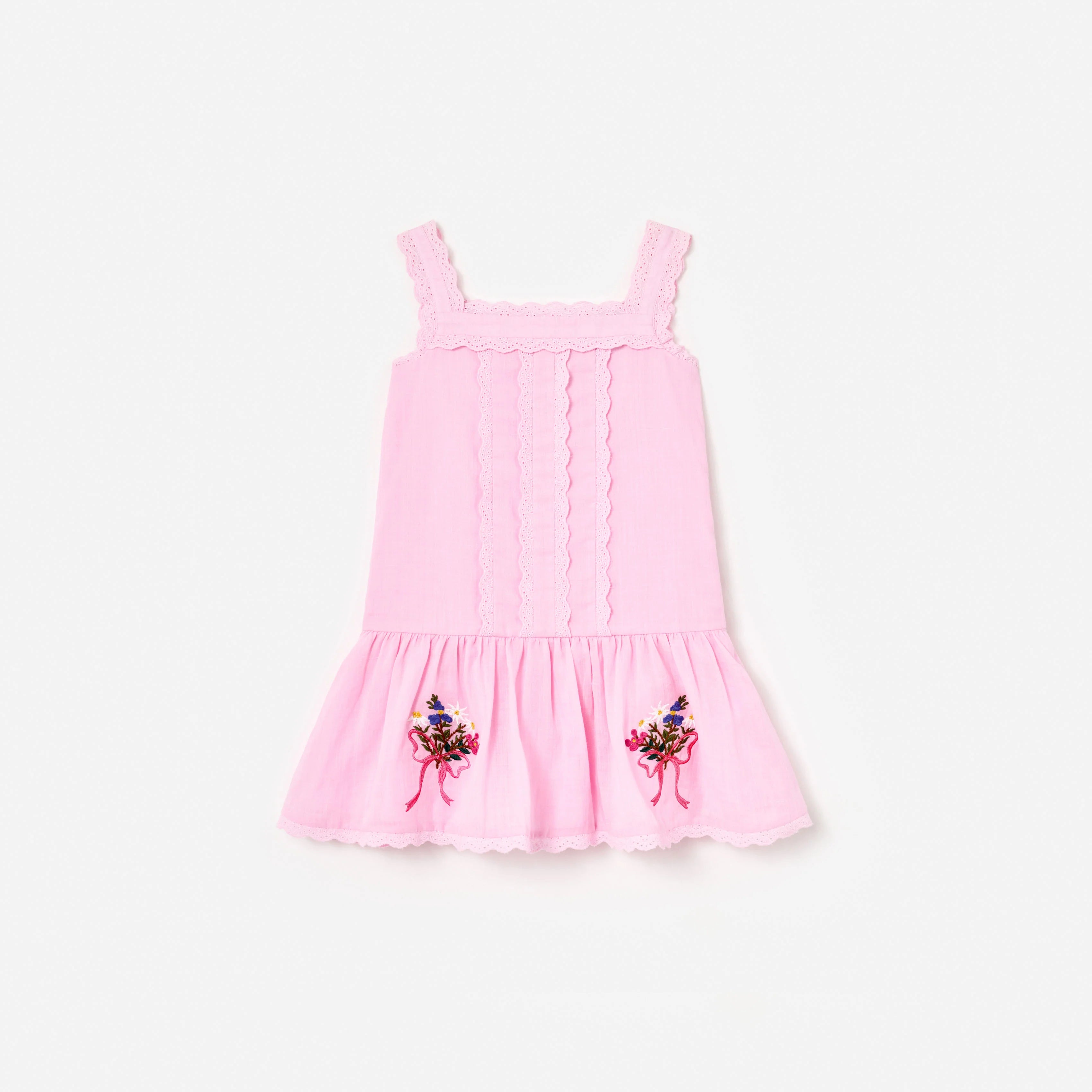 Pink Ramie Flower Embroidered Dress