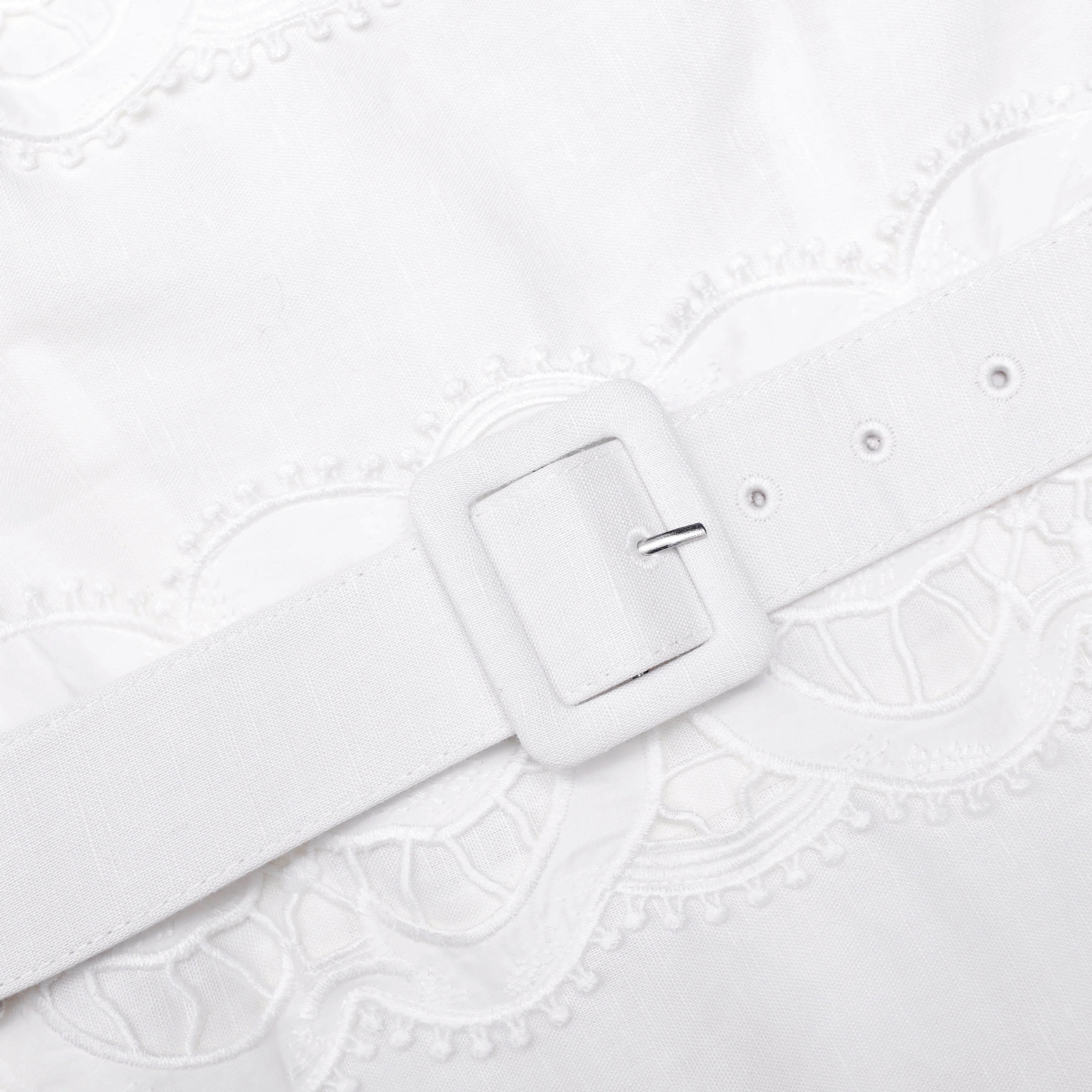 White Linen Lace Insert Midi Dress