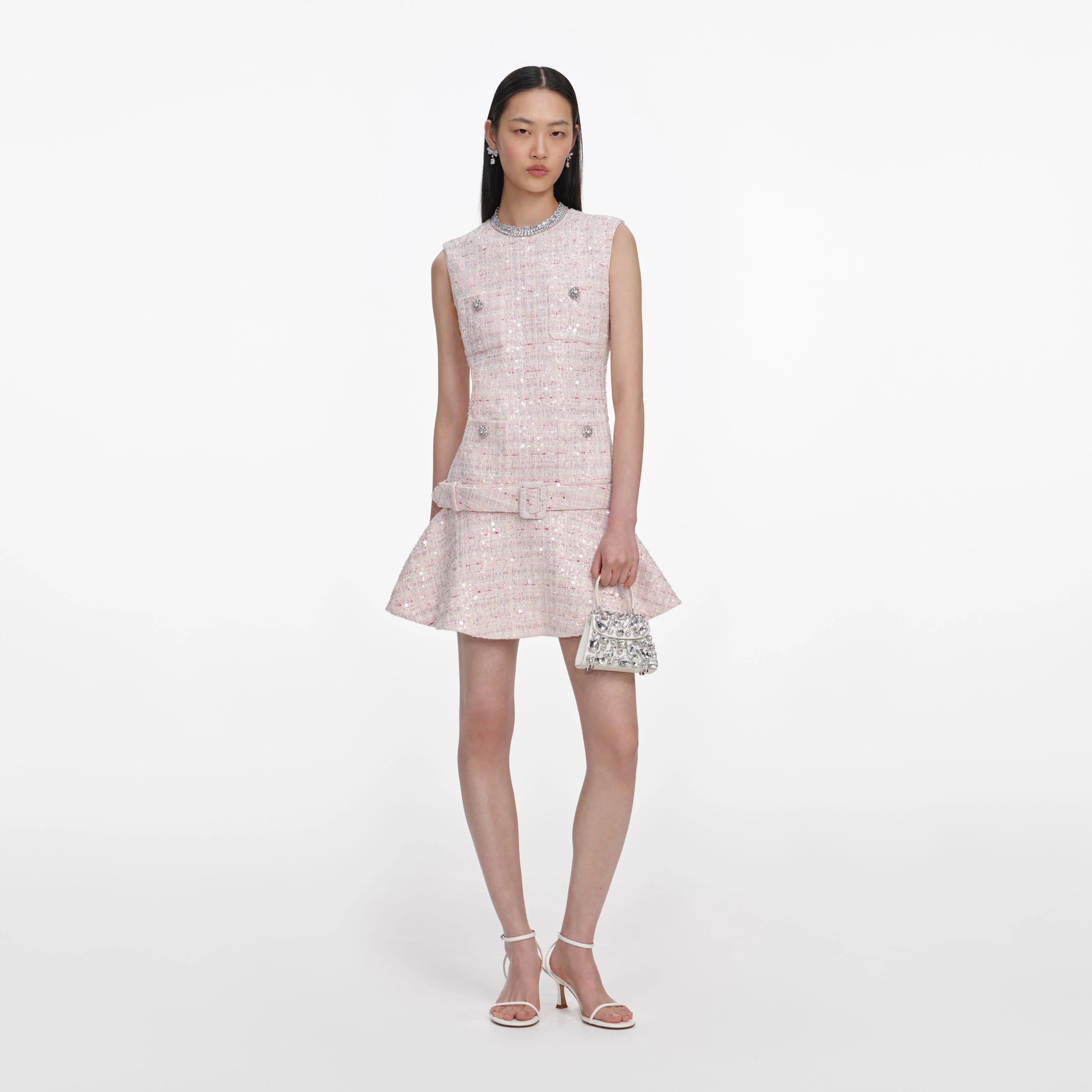 Pink Sequin Boucle Belted Mini Dress