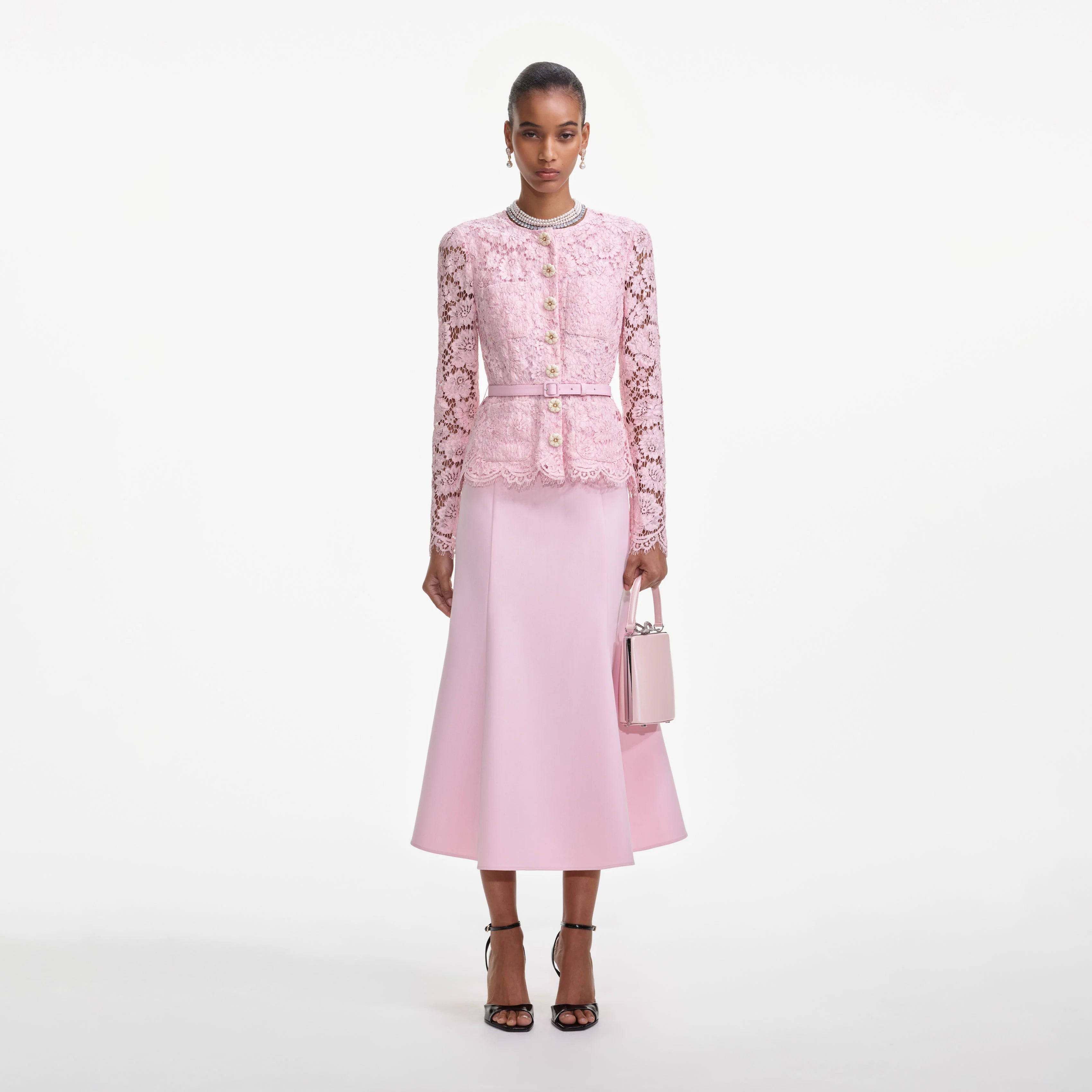 Pink Tailored Lace Midi Dress