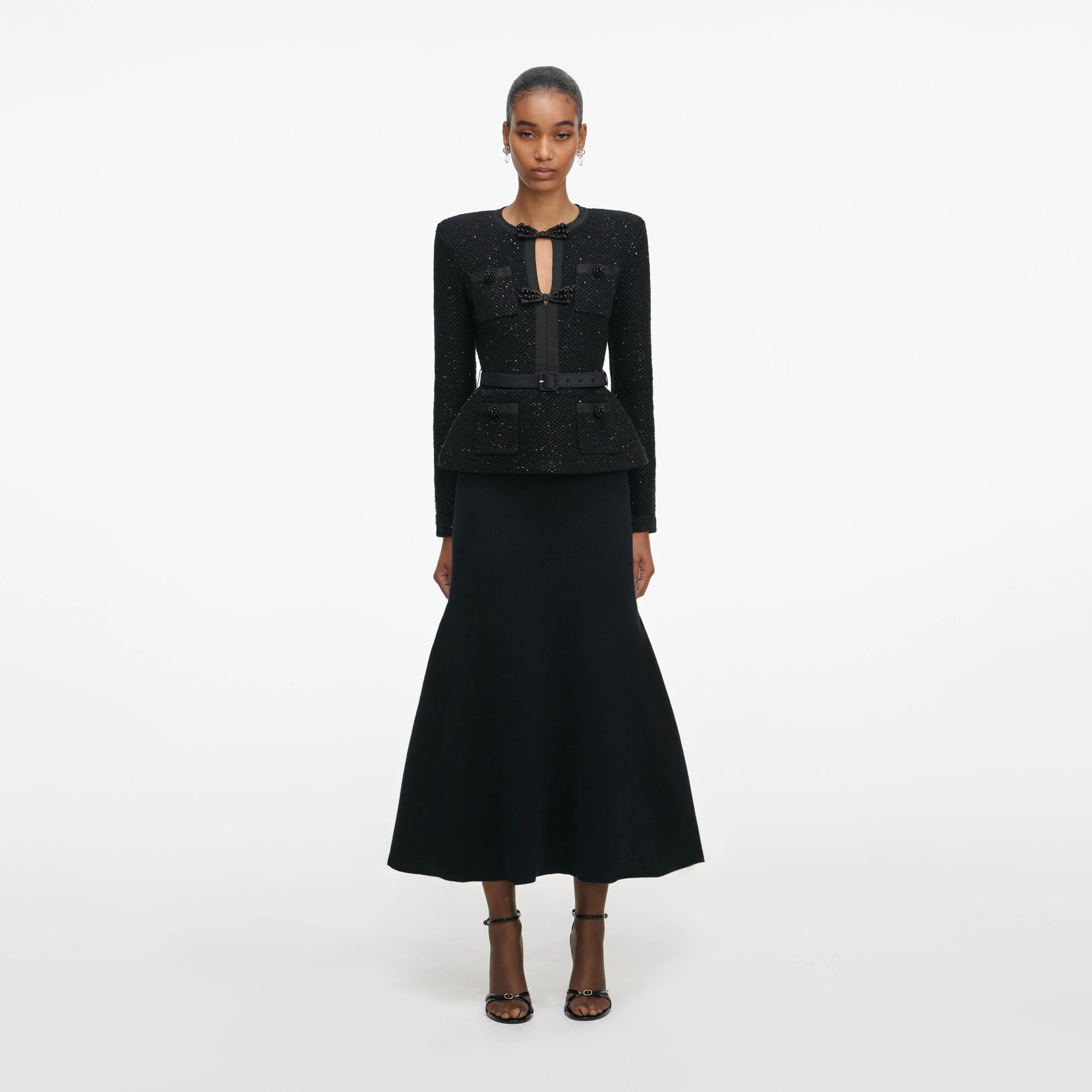 Black Sequin Knit Tailored Midi Dress