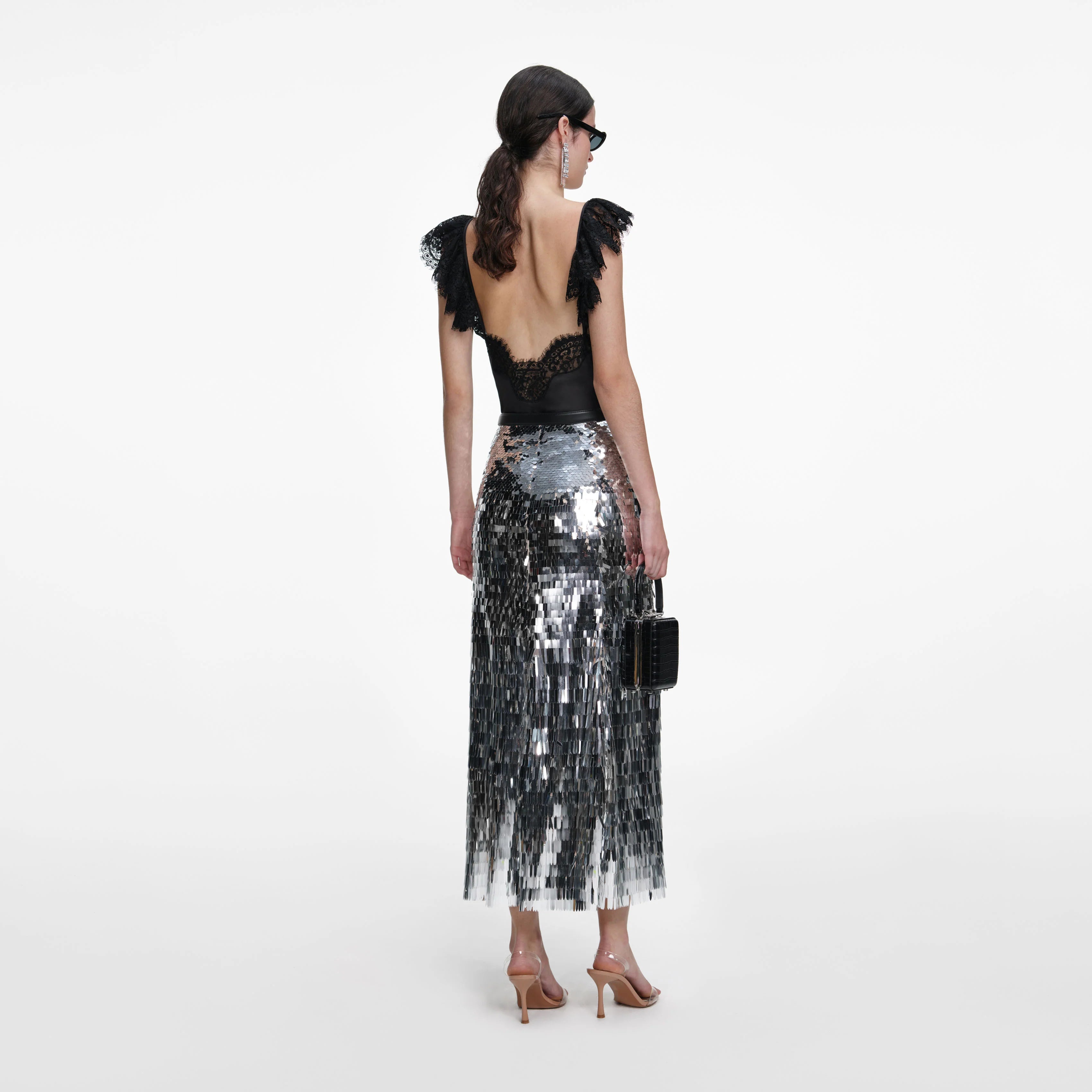 Silver Gradient Sequin Midi Skirt