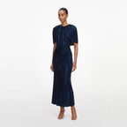 Navy Rhinestone Cape Sleeve Midi Dress