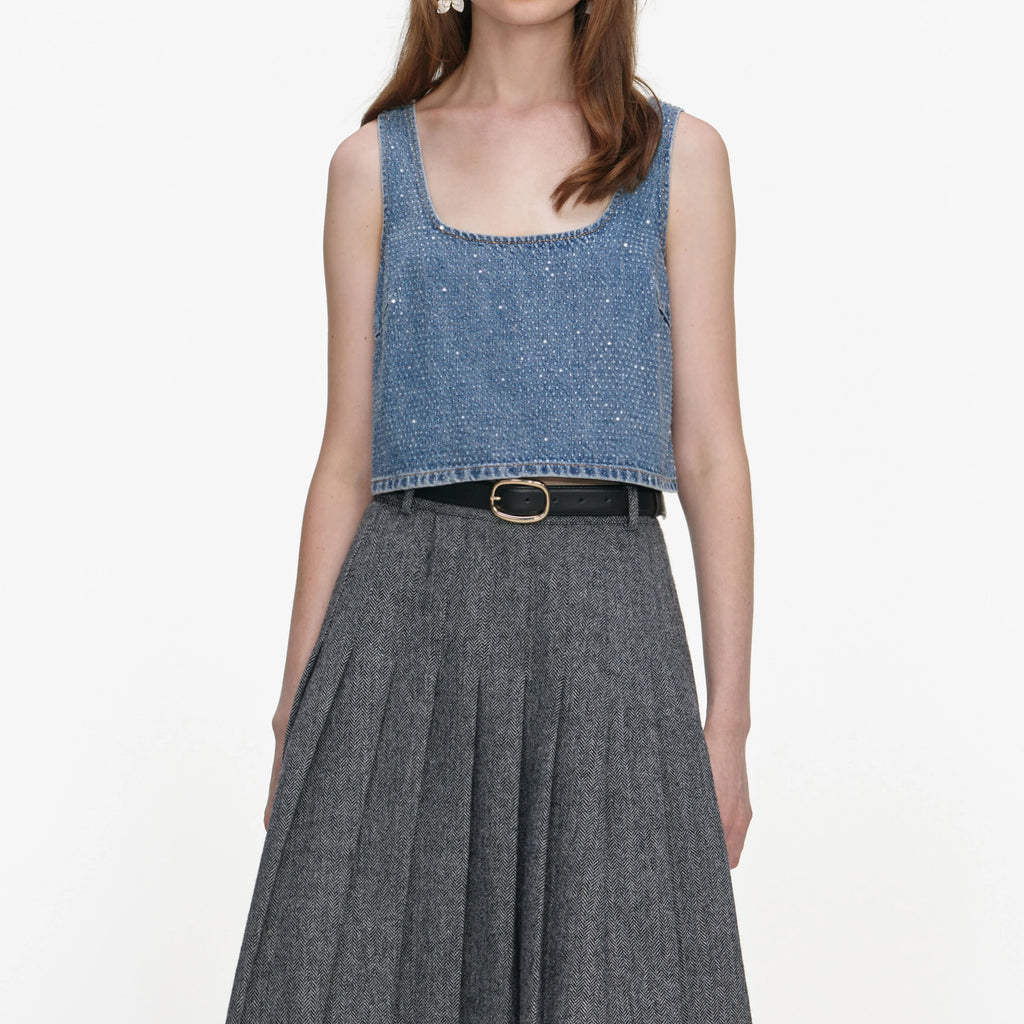 Grey Herringbone Pleated Midi Skirt