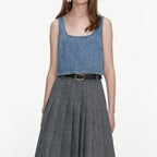 Grey Herringbone Pleated Midi Skirt