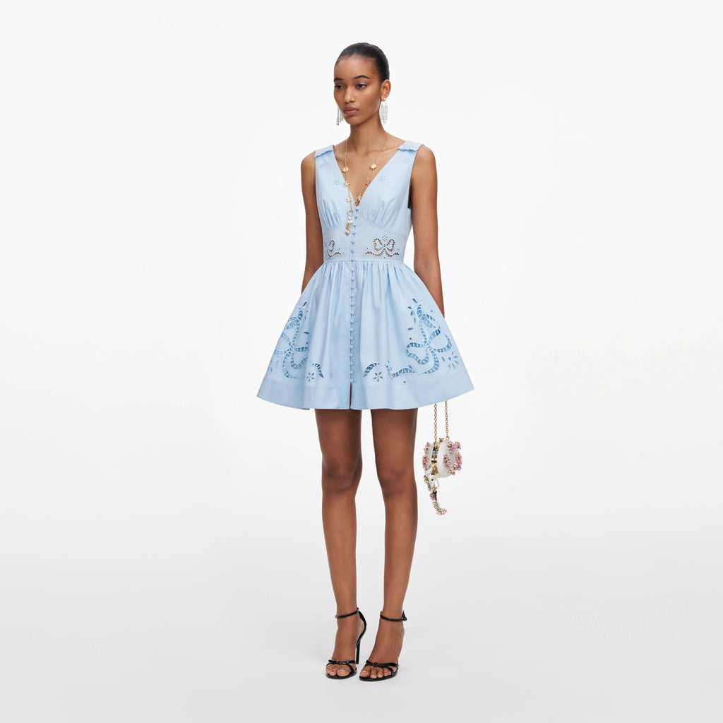 Blue Cotton Embroidered Mini Dress