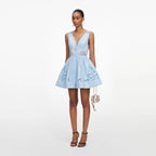 Blue Cotton Embroidered Mini Dress