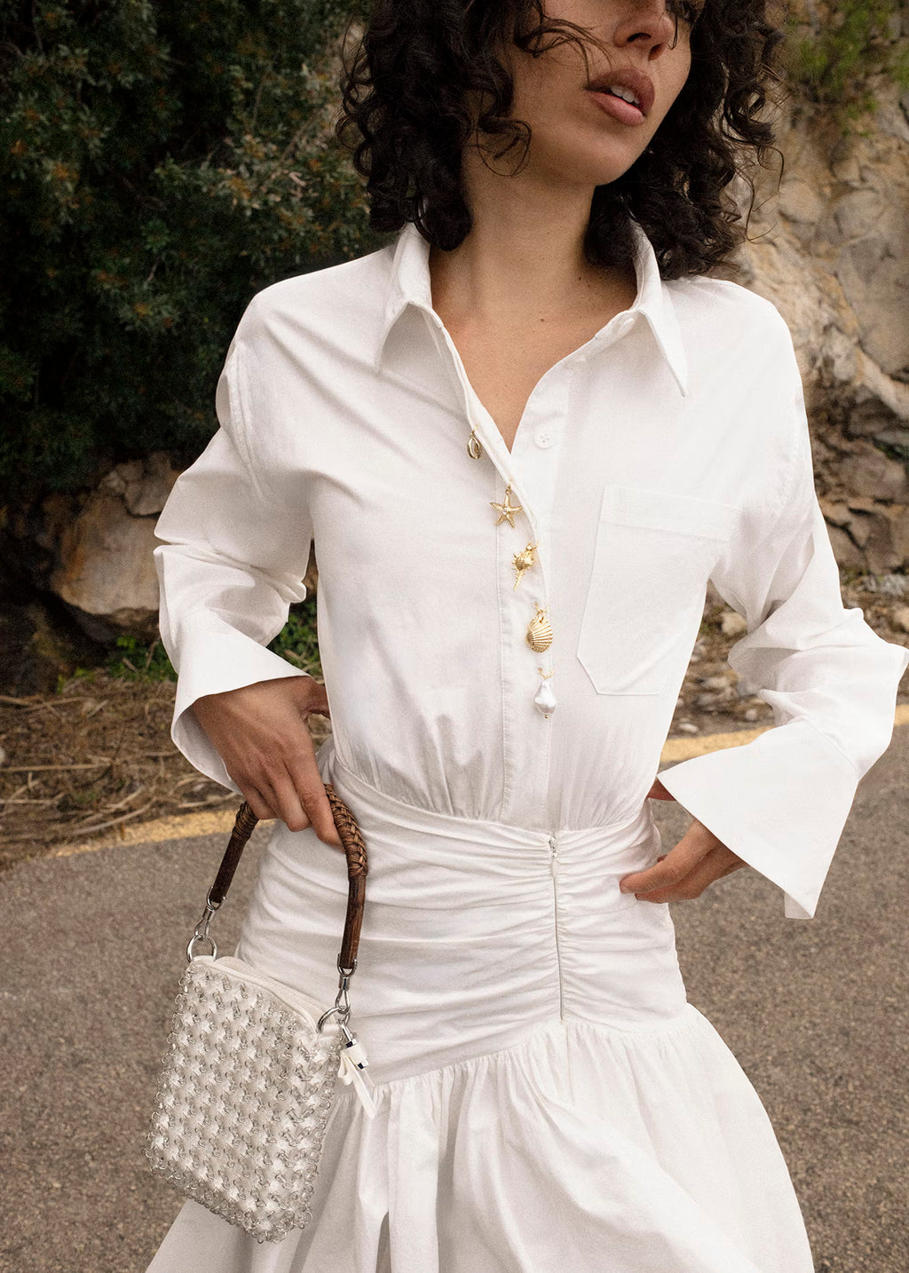 White Cotton Gathered Mini Dress